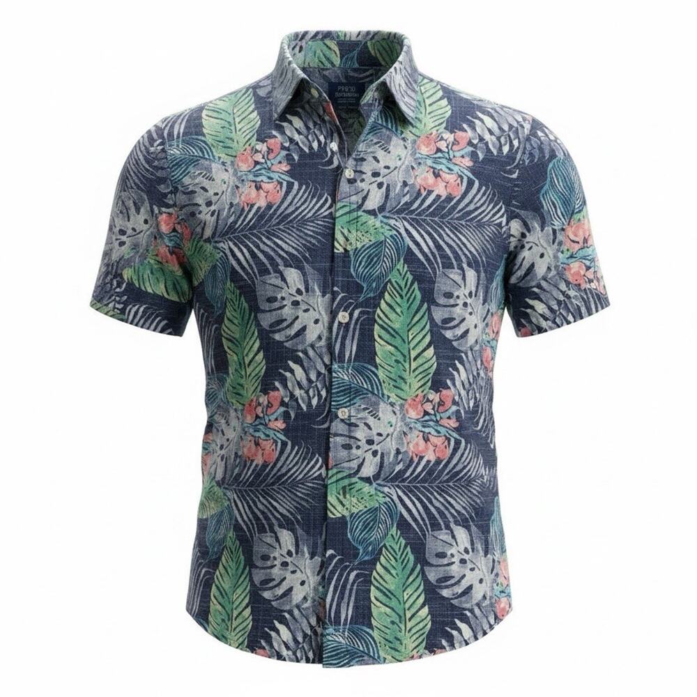 IZOD Saltwater Men MED Hawaiian Tropical Palm Trees Beach Golf Short Sleeve A140